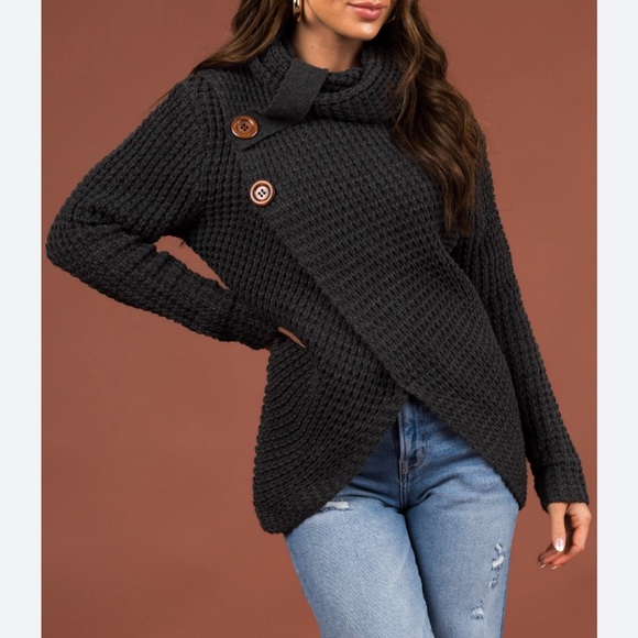 MIRACLE Black Cowl Neck Waffle Knit Long Sleeve Sweater M/L - Picture 10 of 11